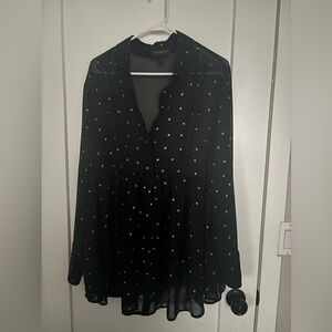 Black Star-Print Sheer Tunic Blouse